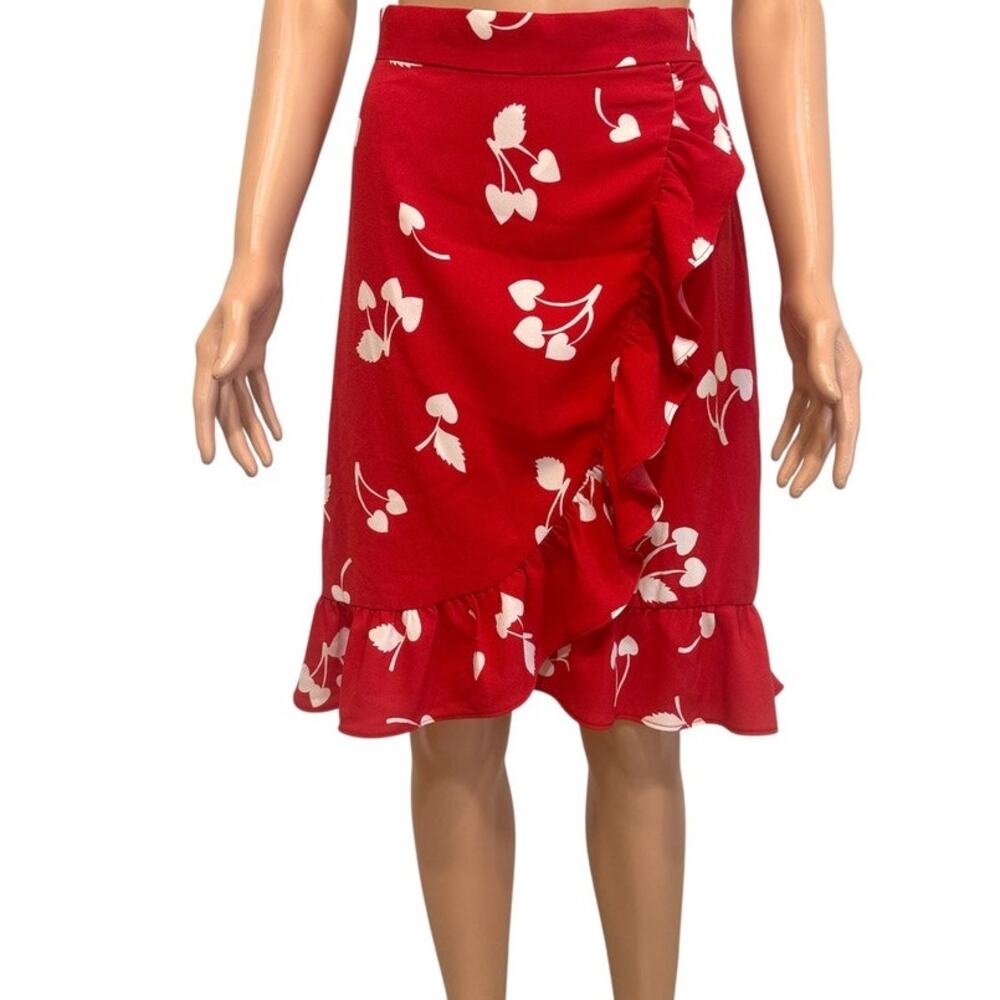 ModCloth 10 cherry heart ruffle faux wrap skirt SK 3297